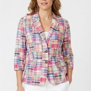 Lord & Taylor Patchwork Blazer Jacket - Women's Size 14 Madras Plaid 100% Cotton